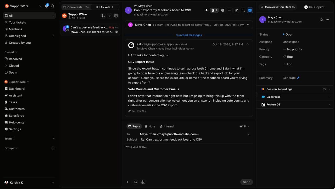 A ticket thread in SupportWire, with the Conversations and Tickets tabs above the list