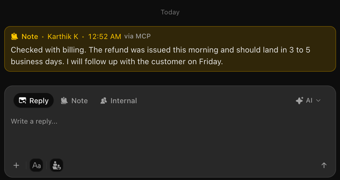 An internal note marked via MCP in a conversation